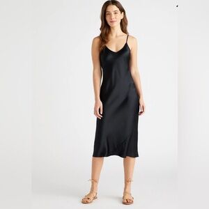 Quince 100% Washable Silk Midi Black Slip Dress Sleeveless V-Neck